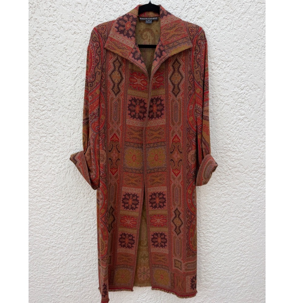 Vintage Ralph Lauren Wool Silk Paisley Tapestry Duster Coat Red Made in Italy